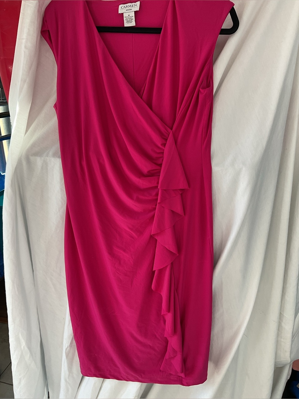 Carmen Marc Valvo Hot Pink Ruffle Midi Dress